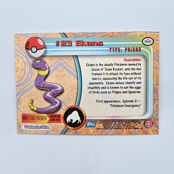 Pokemon 1999 TOPPS Ekans #23 Blue Logo TV Animation Edition Card - Picture 4 of 4